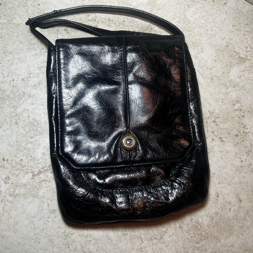 VTG Hobo International Black Leather Crossbody Bag Floral Lining Y2K No Strap
